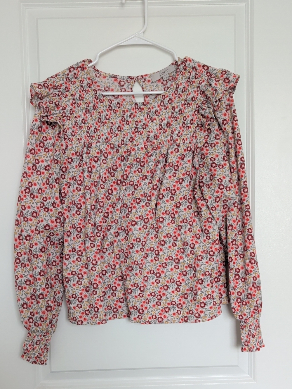 LOFT Pink Floral Smocked Yoke Ruffle Long Sleeve Blouse